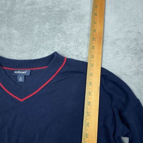 Studio Park Navy V-Neck Pullover Sweater With Red Trim M a0531 - Picture 3 of 8